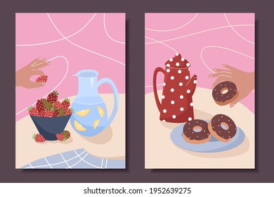 Set of cute posters with still life for cafes and restaurants. Vector illustration.