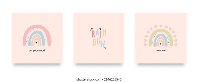 Set of cute posters.Rainbow. Seamless. Wallpaper. Hand drawn vector. Postcard design. Print for clothes, printing on fabric, gift wrapping, wallpaper. Cute design. Case print. Kids poster.