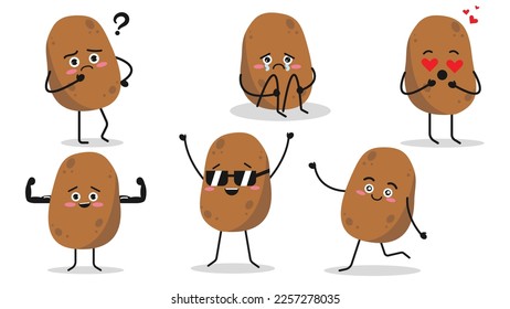 Set of cute potato characters in cartoon style. Vector illustration of potato in different emotions and poses: potato thinking, crying, falling in love, having strong muscles, cool, walking.