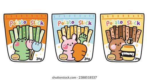 Set of cute potato stick with animals on lable.Snack.Yummy.Food.Reptile,wild,rodent animal character cartoon design.Frog,rabbit,bear hand drawn collection.Kawaii.Vector.Illustration.