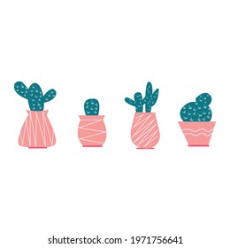A set of cute pots with homemade cacti. Vector illustration of house plants. 