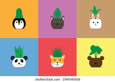 set of cute pots vector illustration with animal head shape and green houseplants. flat design vector. colorful checkered background.