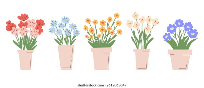 Set of cute potted flowers vector illustration. Spring floral collection in simple, flat hand drawn style. Perfect for decoration, cards, stickers. Bright and cheerful botanical elements.
