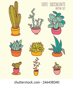 set of cute potted plants, cartoon style, vector illustration