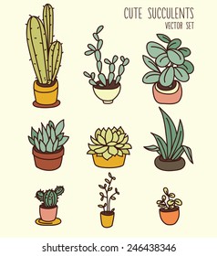 set of cute potted plants, cartoon style, vector illustration