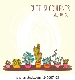 set of cute potted plants, cartoon style, background for your text, vector illustration