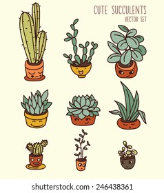 set of cute potted plants with funny cartoon faces, vector illustration