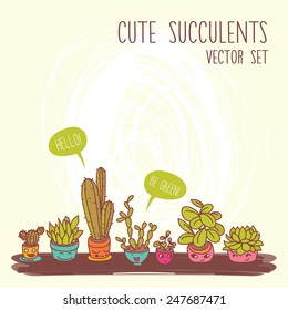 set of cute potted plants with funny cartoon faces and speech bubbles, background for your text, vector illustration