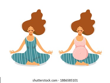 Set of cute pregnant girl doing yoga before and during pregnancy. A woman is sitting on a carpet in the lotus position. Health, sports and peace of mind during pregnancy. Flat vector illustration