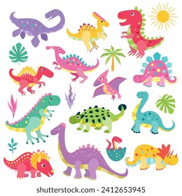 Set of cute prehistoric dinosaurs. Animals of the ancient world. Isolated on a white background. For children's design of prints, posters, stickers, puzzles, etc. Vector illustration.