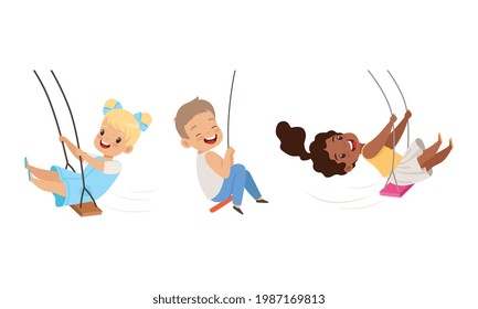 Set of Cute Preschool Kids Swinging on Rope Swings, Happy Boys and Girls Having Fun Outdoors Cartoon Vector Illustration