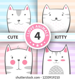 Set cute, pretty cat and kitty characters. Hand draw