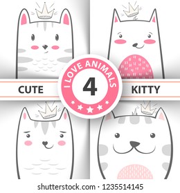 Set cute, pretty cat and kitty characters. Hand draw