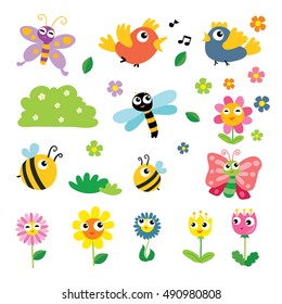 Set of cute, pretty design elements for girls with flowers,