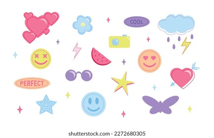 Set of cute and pretty girly stickers in a cartoon style. Vector illustration of colorful different signs: heart, lightning, flower, cloud with rain, emoticons, glasses, camera, stars, lettering.