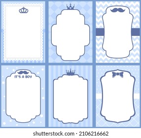 Set of cute prince blue templates for invitations. A little prince party. Wedding, boy birthday invite card. Elegant decor of card vector vintage royal kid decoration templates
