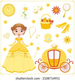 Set with a cute princess and accessories, children's illustration, illustration for girls. Vector.