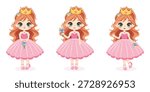 Set of cute princess with beautiful eyes stands in different poses with flowers in pink dress and golden crown. Isolate on white background, Vector illustration in flat drawn cartoon style