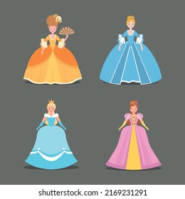 Set of cute princesses in colorful dresses. 