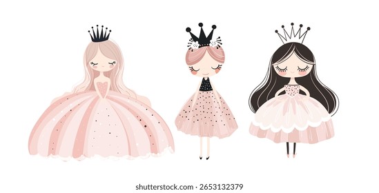 Set of cute princesses in elegant pink dresses with crowns, simple flat art collection for girls, print for children s room, fairy-tale character for design. Vector isolated on white background.