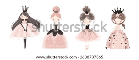 Set of cute princesses in elegant pink dresses with crowns, simple flat art collection for girls, print for children's room, fairy-tale character for design. Vector isolated on white background.