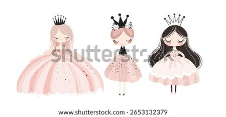 Set of cute princesses in elegant pink dresses with crowns, simple flat art collection for girls, print for children s room, fairy-tale character for design. Vector isolated on white background.
