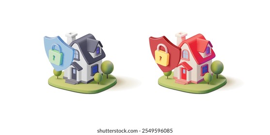 Set of cute private country houses with shield and lock, 3D. For concepts of protection, security, insurance, guarding. Possible danger. Vector illustration.