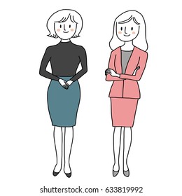 Set of cute and professional businesswoman such as woman standing with arms crossed, woman smiling with folded hands. Vector illustration with hand-drawn style.