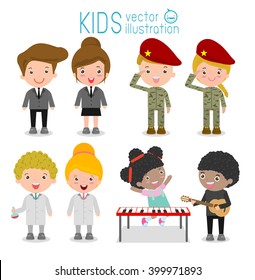 set of cute professions for kids isolated on white background ,scientist, musician, businessman,soldier, Professions icon set, Children's dream jobs, Happy children in work wear. Vector Illustration