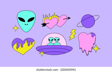 Set of cute psychedelic objects in y2k, 90s, 00s style. Alien face, ufo ship, stars, lightning and flaming hearts. Retrowave concept