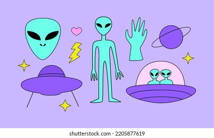 Set of cute psychedelic objects in y2k, 90s, 00s style. Alien, hand, ufo ship, stars and saturn planet. Retrowave concept