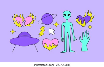 Set of cute psychedelic objects in y2k, 90s, 00s style. Alien, hand, ufo ship, stars, saturn planet and flaming hearts. Retrowave concept