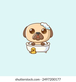  set Cute pug dog bathing time in bathtub kawaii chibi character mascot illustration outline style design