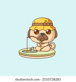 Conjunto lindo perro pug pescado de pesca en la isla kawaii chibi personaje mascota ilustración esquema estilo diseño