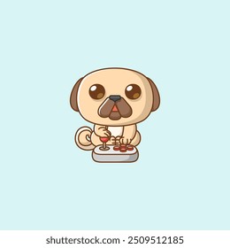 set Cute pug dog Gamer Playing Game with joystick kawaii chibi character mascot illustration outline style design