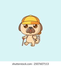 set Cute pug dog hiking camp kawaii chibi character mascot illustration outline style design