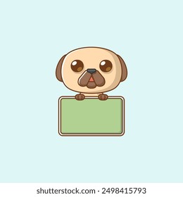 set Cute pug dog hold blank space board banner kawaii chibi character mascot illustration outline style