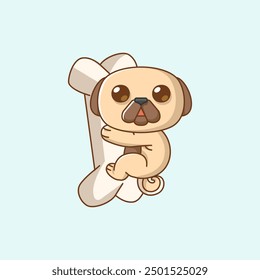 set Cute pug dog hug bone hanging kawaii chibi character mascot illustration outline style