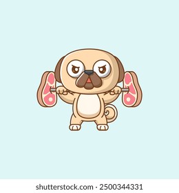 set Cute pug dog lifting meat barbel food kawaii chibi character mascot illustration outline style design