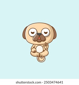 set Cute pug dog meditation yoga kawaii chibi character mascot illustration outline style design