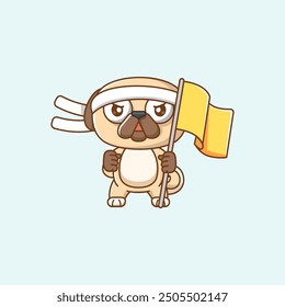 set Cute pug dog shouting with the flag and headband kawaii chibi character mascot illustration outline style design