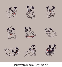 set of cute pug dogs in various poses, vector isolated layers