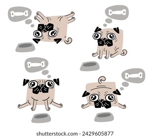 Set aus süßem Mops hungrigem Hund und leere Hundeschale. Lustiger Mops in verschiedenen Posen Träume von Essen und bittet ihn zu füttern. Vektor-Illustration im Cartoon-Stil.