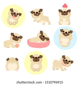 Set of cute pugs. Funny, happy, sleeping, running, with toy, with cake, sticking out tongue. EPS8