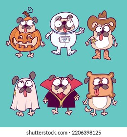 Set of cute Pugs in Halloween costumes