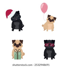 Set of cute pugs. Happy holidays. New Year cards.