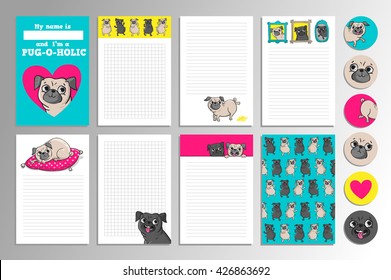 Set with cute pugs. Printable vector cards, notes and stickers for your design.