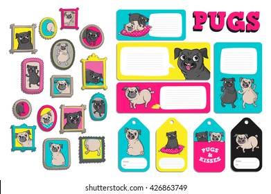 Set with cute pugs.  Printable vector cards, notes, stickers and illustrations for your design.