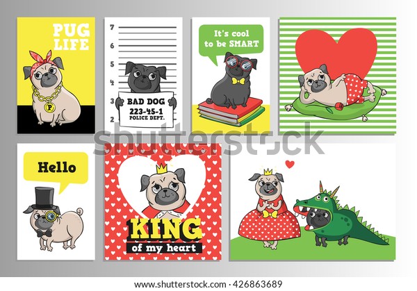 Set Cute Pugs Printable Vector Cards Stock Vector (Royalty Free ...
