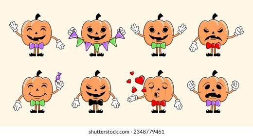 Set of cute Pumkon Lantern characters, emotions, stickers and mascots, vector drawings with different emotions, Halloween holiday art, print and decorations.